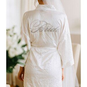Icing Vintage Bridal White Kimono Robe Rhinestone "Bride" Silky Wedding L/XL
